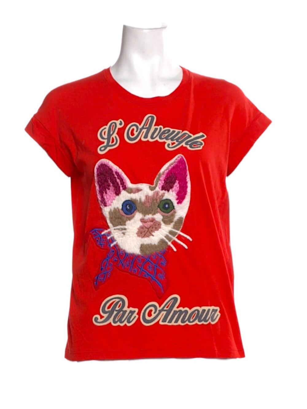Gucci Red Cat Embroidered Cotton Tee Shirt L'Aveugle Par Amour